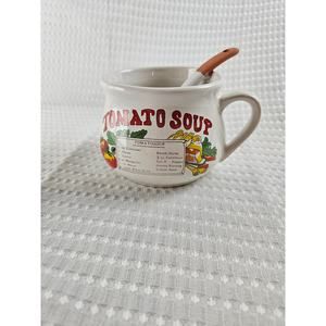 Vintage Tomato Soup Recipe Ceramic Mug and Matching Ladle Set White Stoneware‎